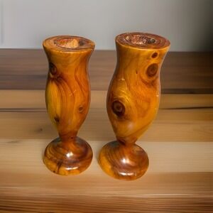 Pair Of Vintage Hand Turned Wooden Candle Holders. 5.25" Tall & 5.5" Tall